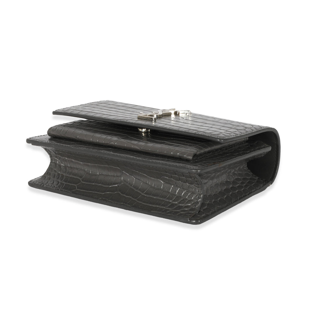 SAINT LAURENT Grey Croc Embossed Leather Mini Sunset Chain Bag