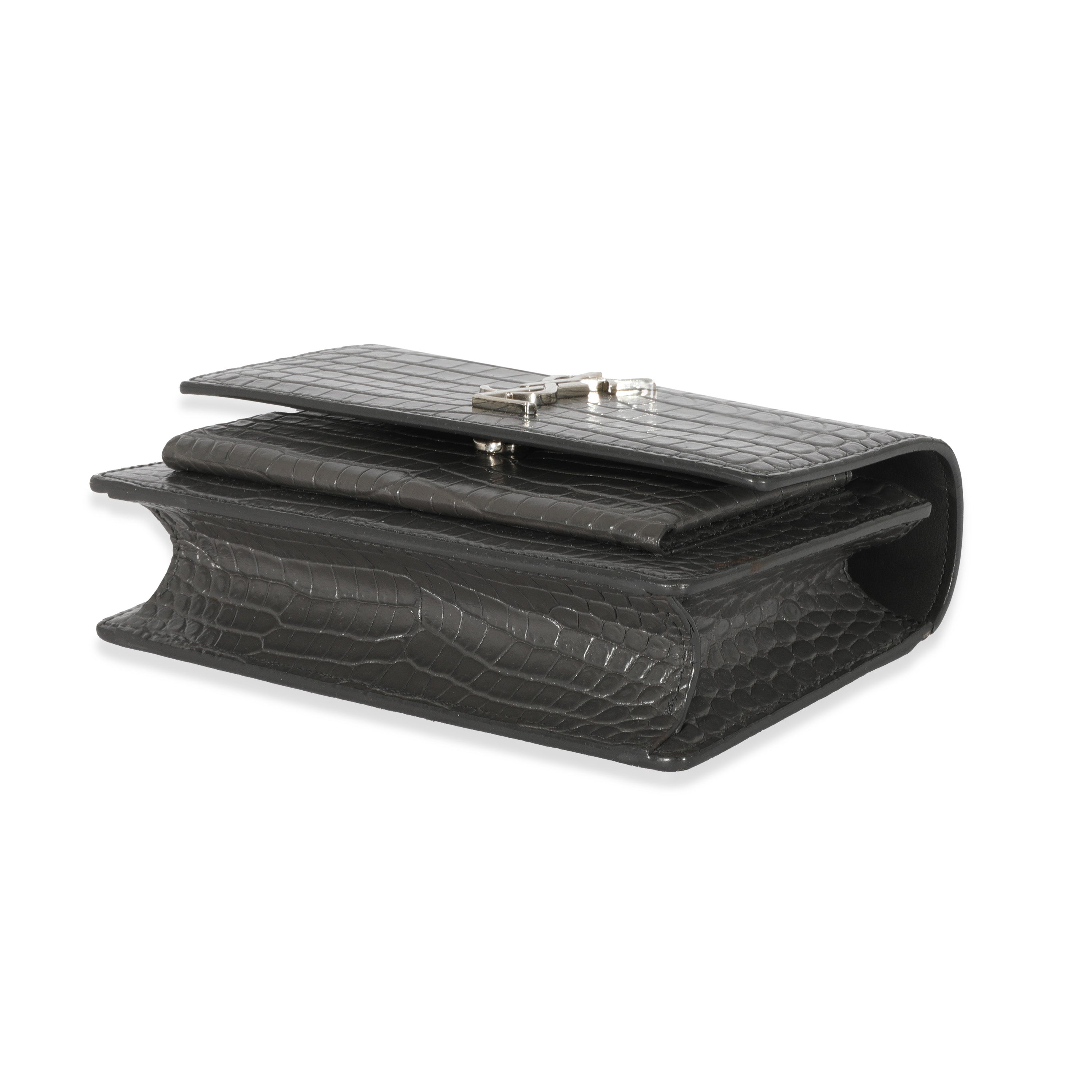 SAINT LAURENT Grey Croc Embossed Leather Mini Sunset Chain Bag