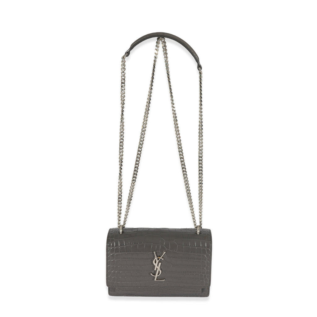 SAINT LAURENT Grey Croc Embossed Leather Mini Sunset Chain Bag