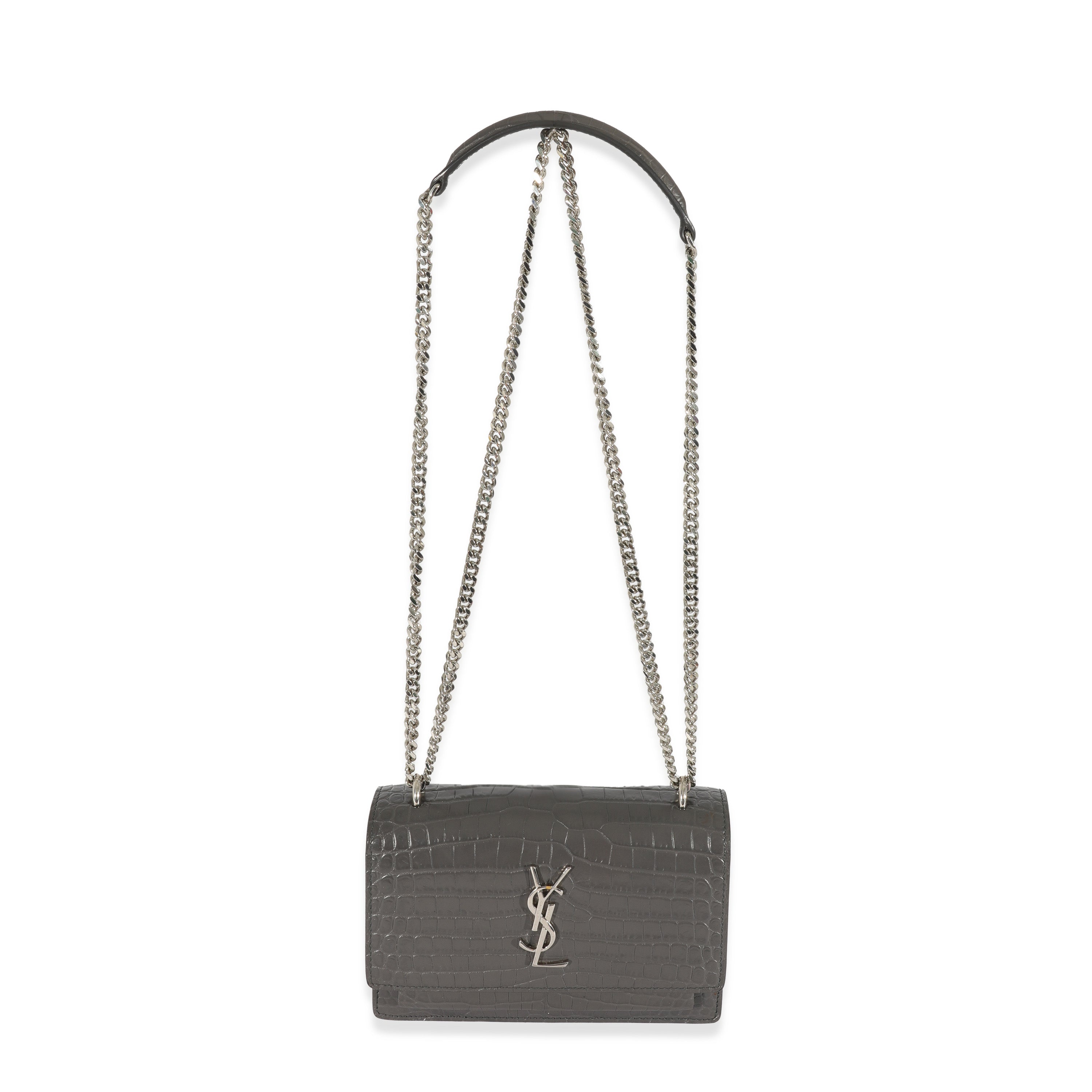 SAINT LAURENT Grey Croc Embossed Leather Mini Sunset Chain Bag