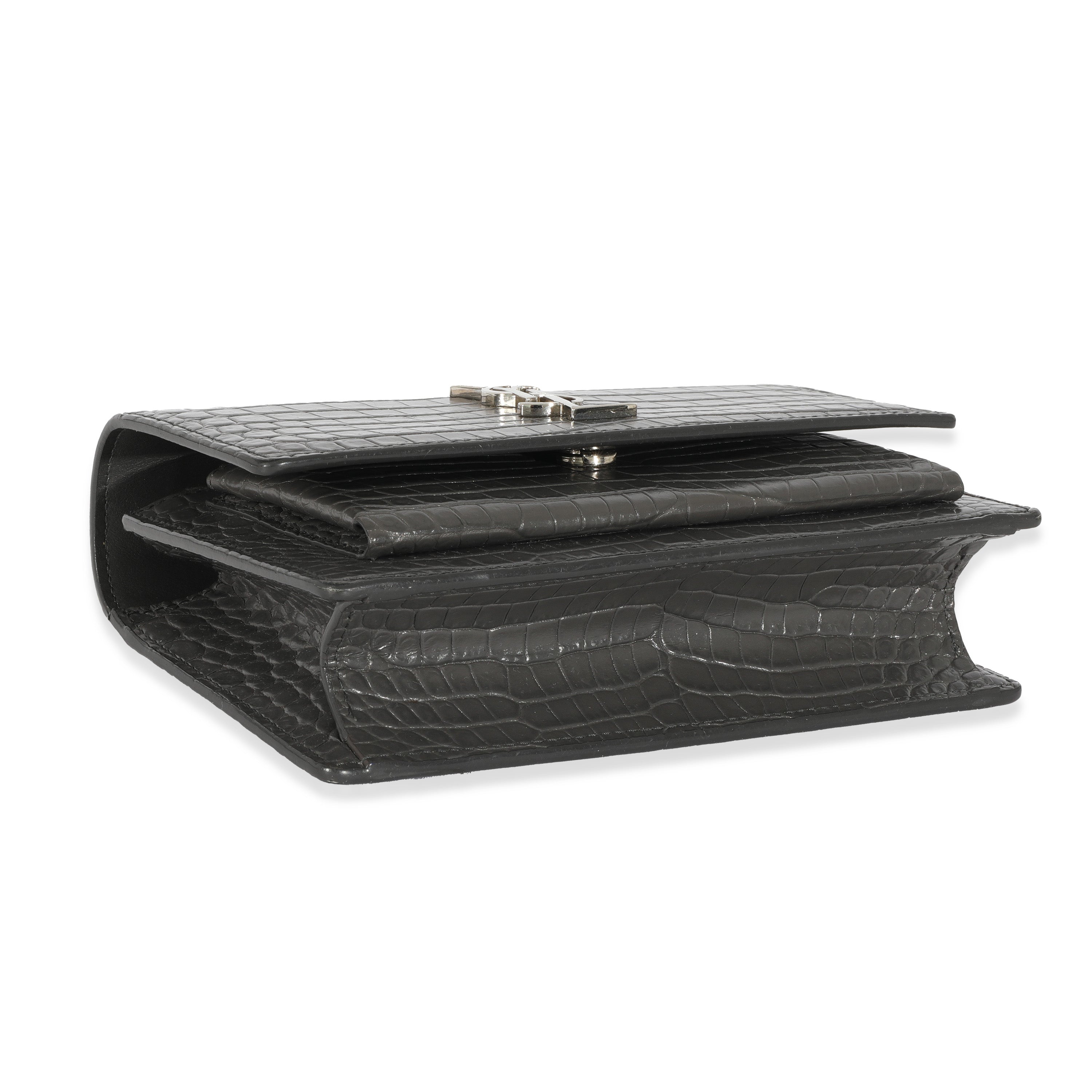 SAINT LAURENT Grey Croc Embossed Leather Mini Sunset Chain Bag