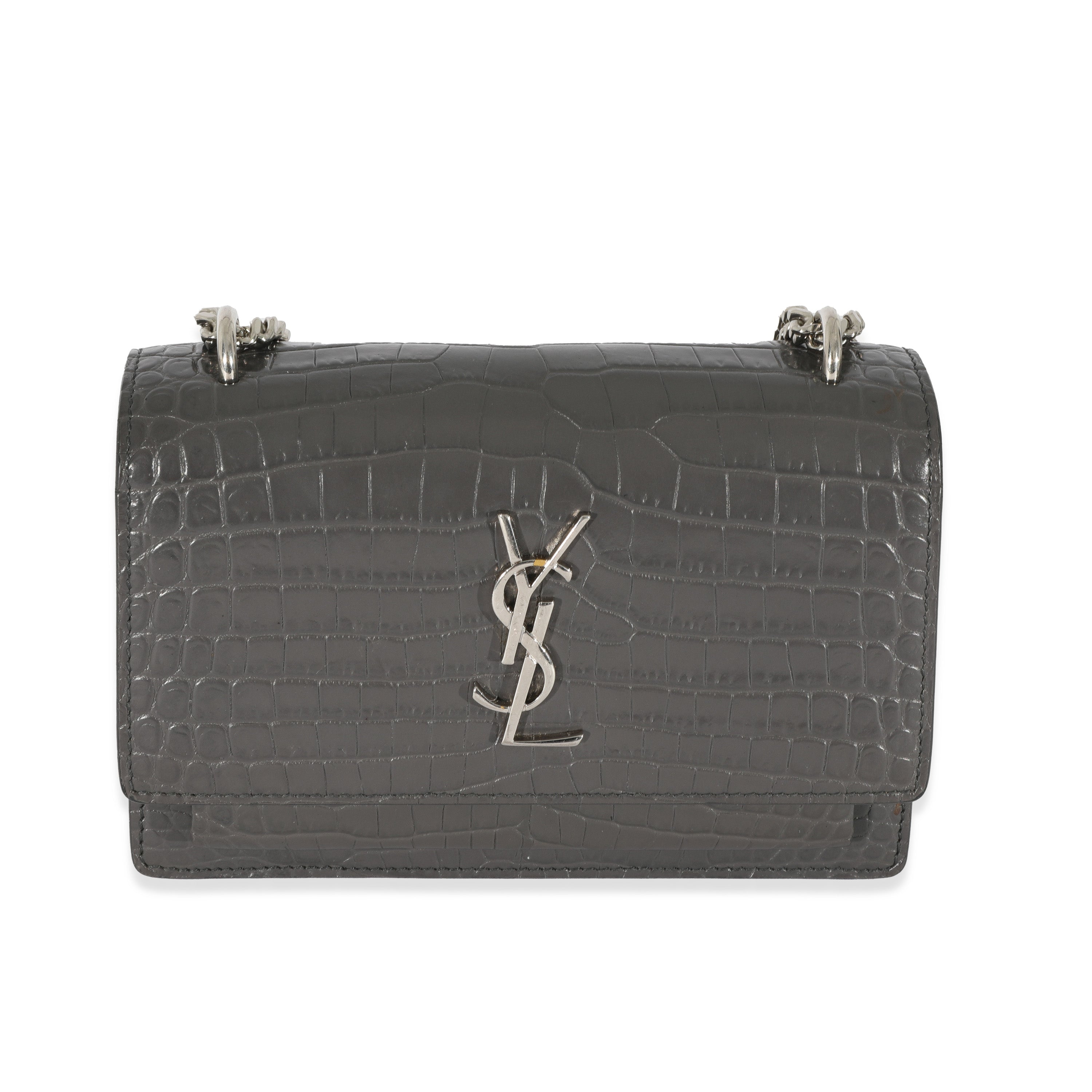 SAINT LAURENT Grey Croc Embossed Leather Mini Sunset Chain Bag