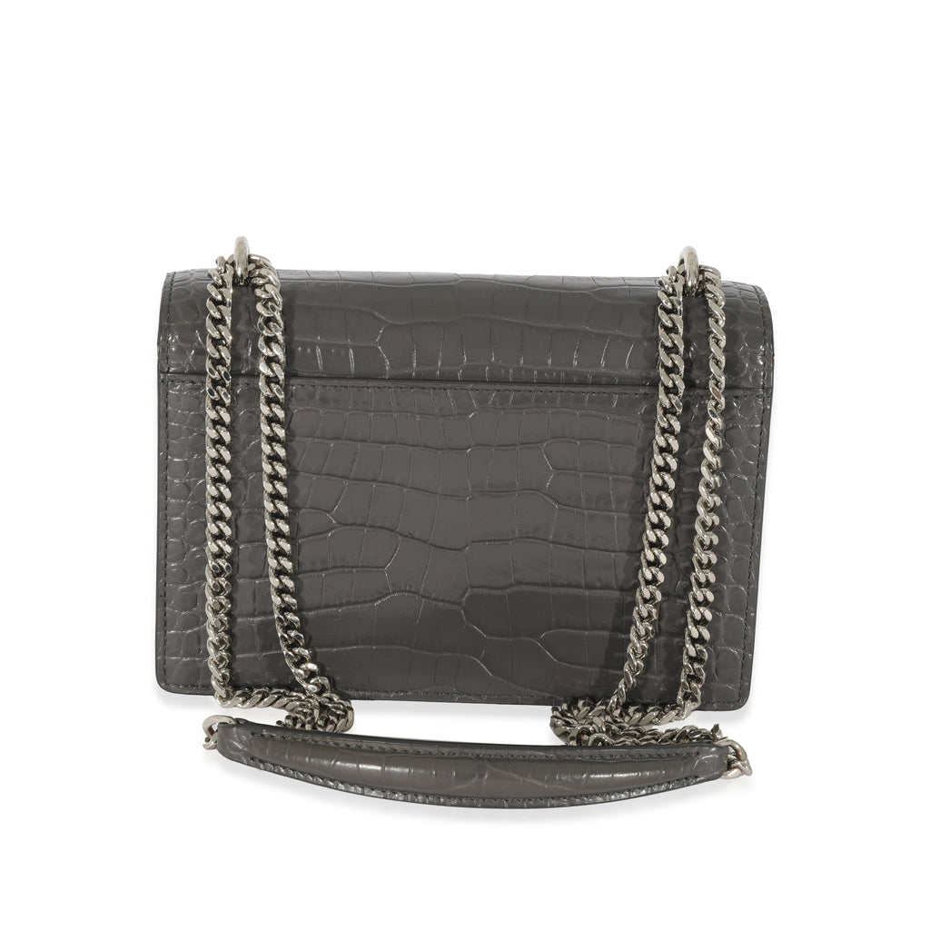 SAINT LAURENT Grey Croc Embossed Leather Mini Sunset Chain Bag
