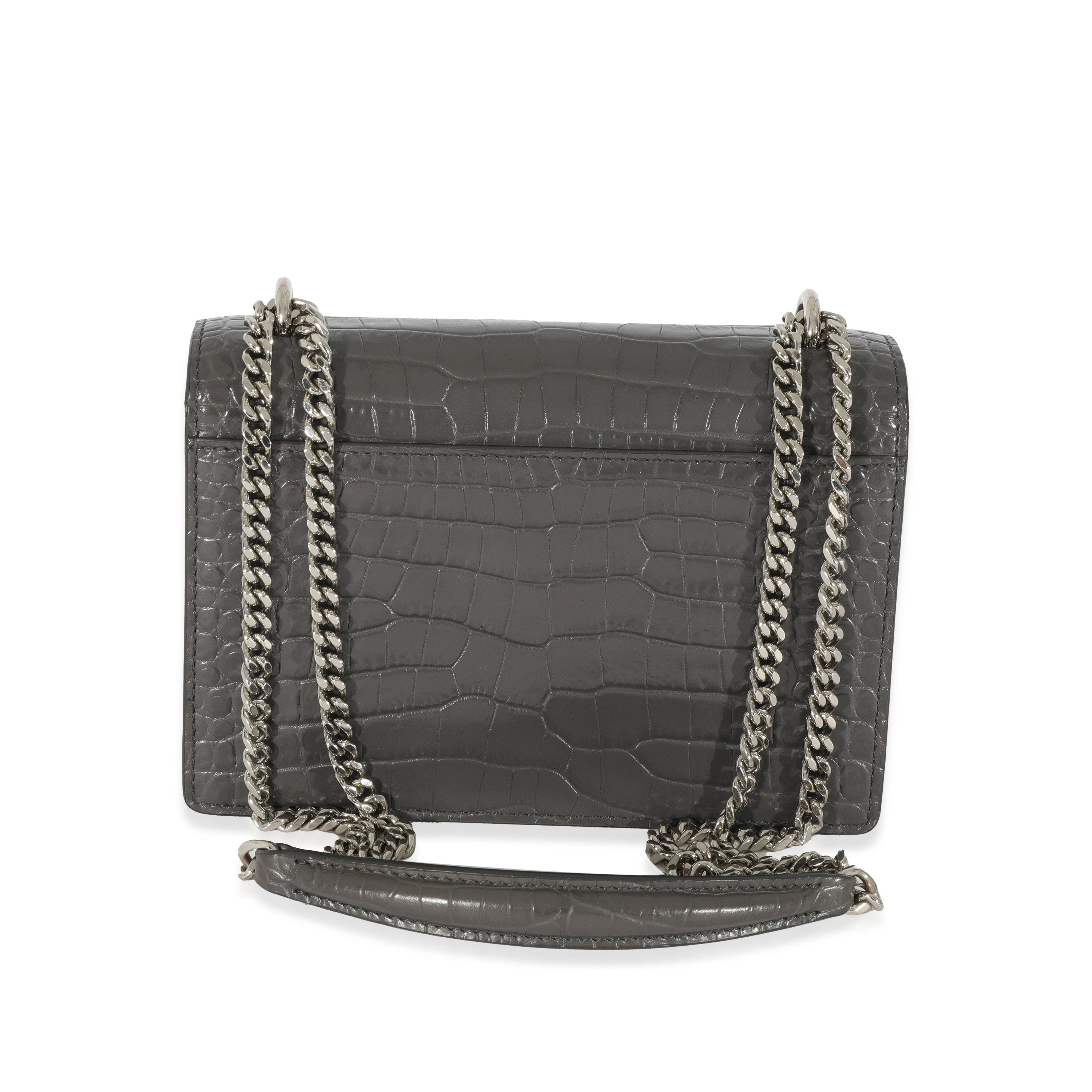 SAINT LAURENT Grey Croc Embossed Leather Mini Sunset Chain Bag
