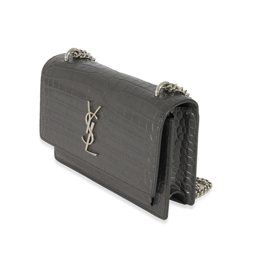 SAINT LAURENT Grey Croc Embossed Leather Mini Sunset Chain Bag