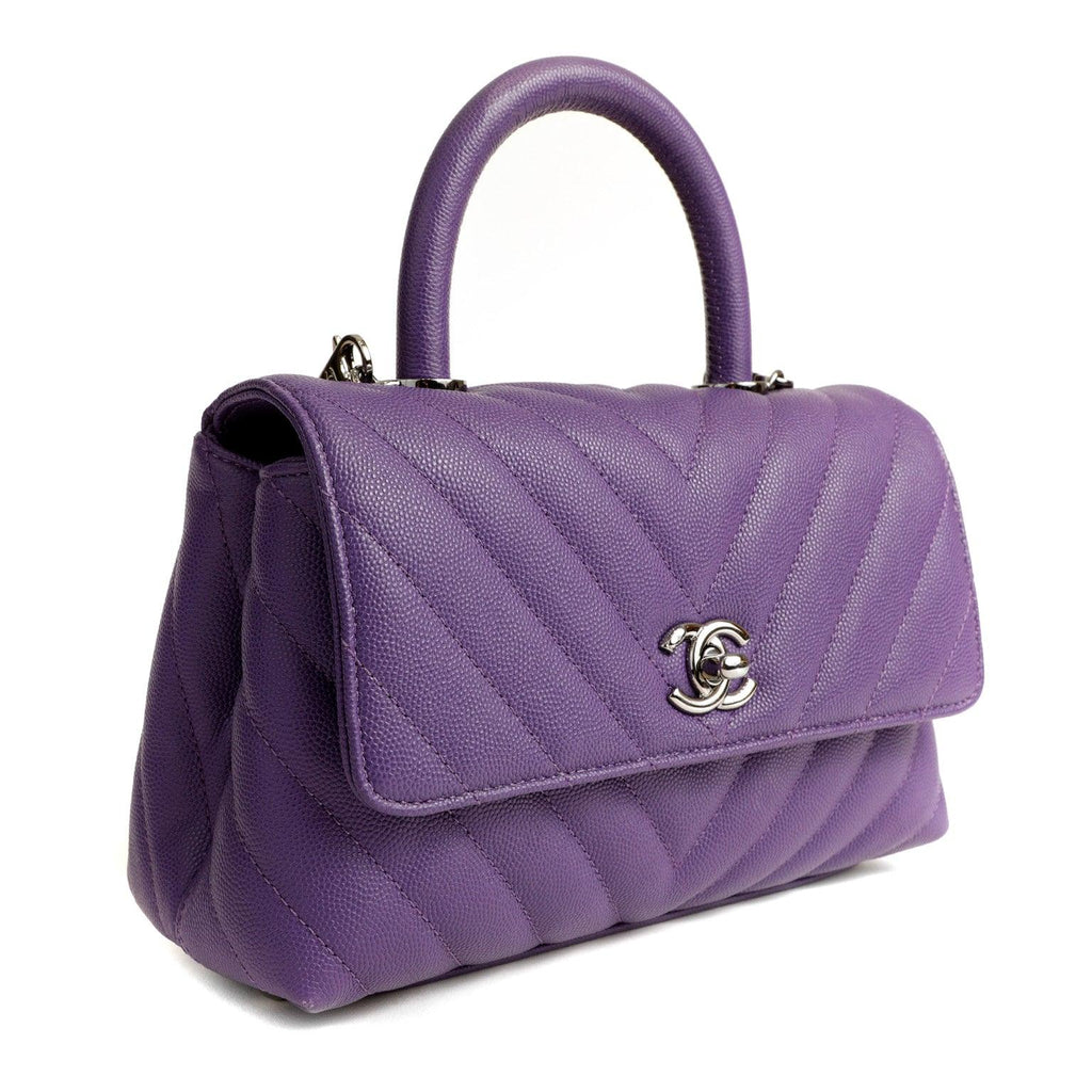 Chanel Chevron Caviar Royal Purple Mini Coco Handle Flap Bag  w/ Silver Hardware