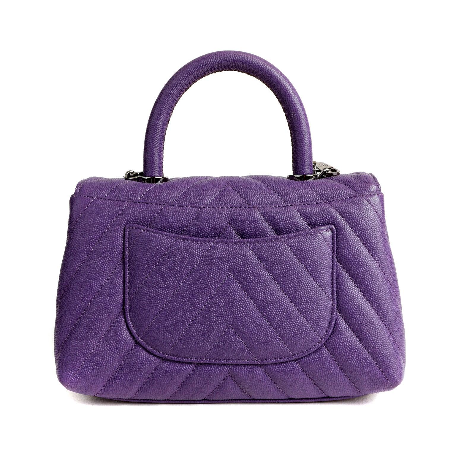 Chanel Chevron Caviar Royal Purple Mini Coco Handle Flap Bag  w/ Silver Hardware