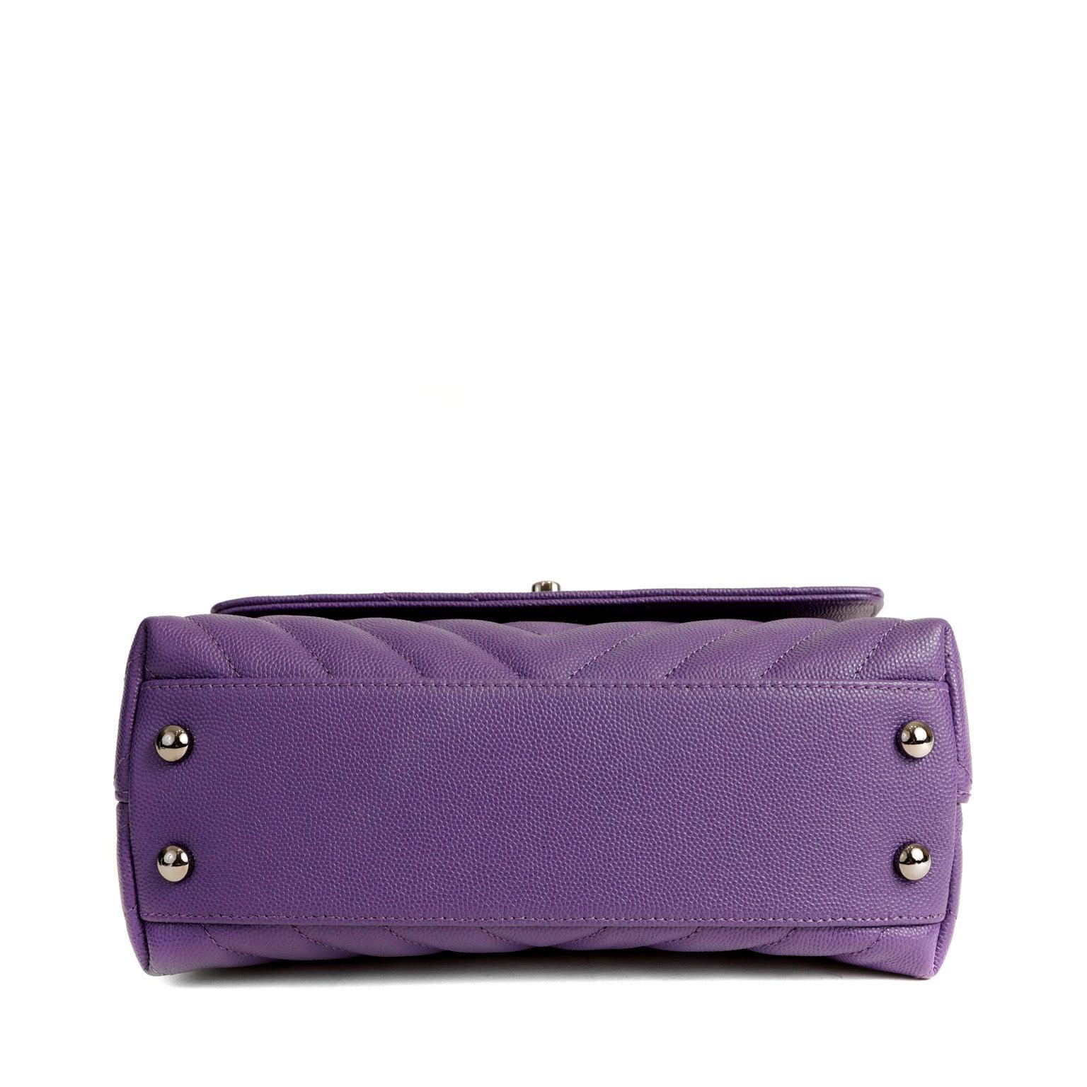 Chanel Chevron Caviar Royal Purple Mini Coco Handle Flap Bag  w/ Silver Hardware