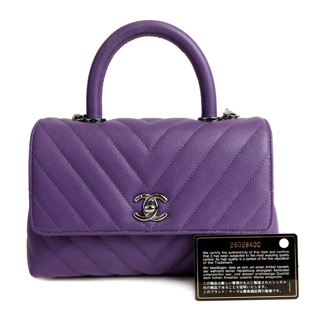 Chanel Chevron Caviar Royal Purple Mini Coco Handle Flap Bag  w/ Silver Hardware