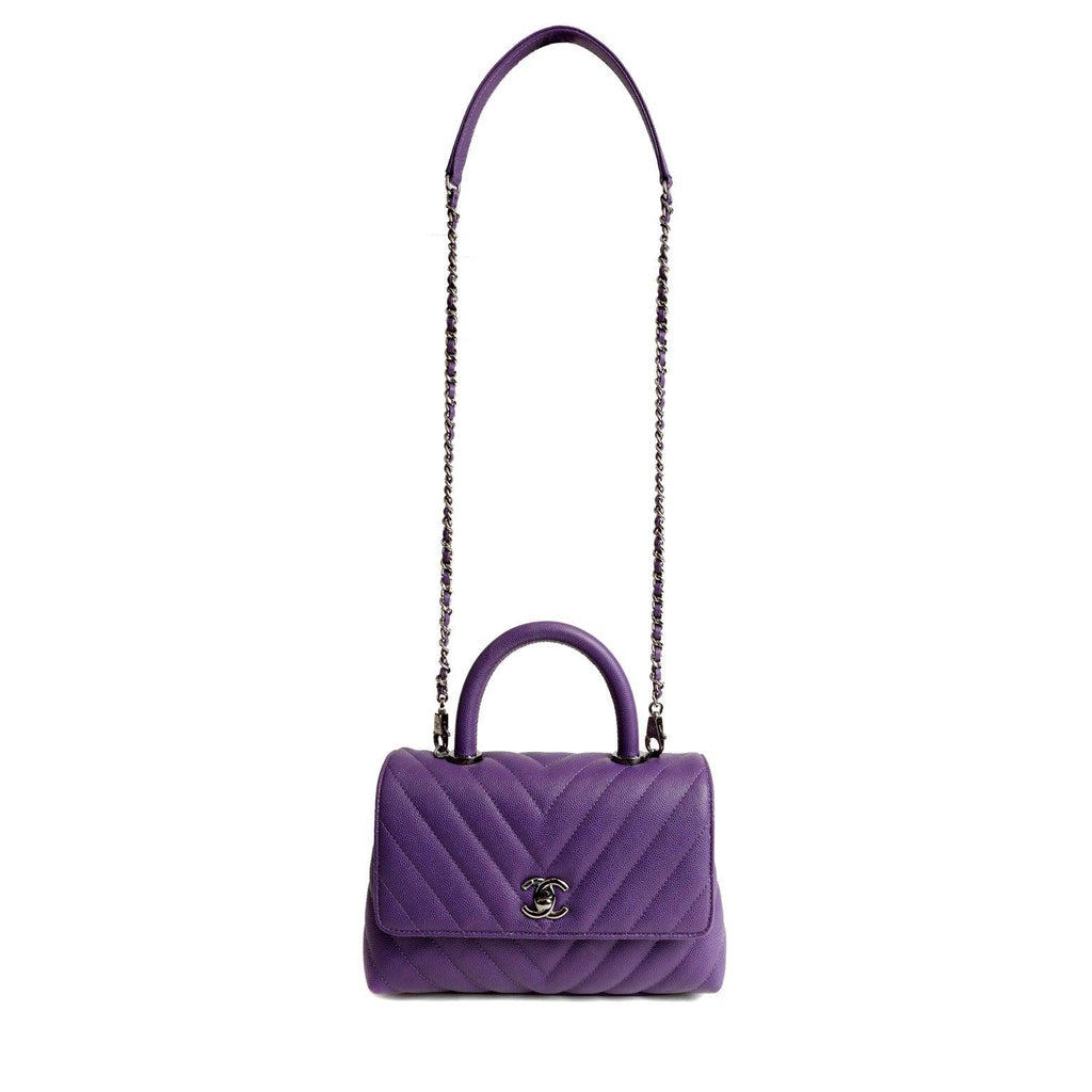 Chanel Chevron Caviar Royal Purple Mini Coco Handle Flap Bag  w/ Silver Hardware