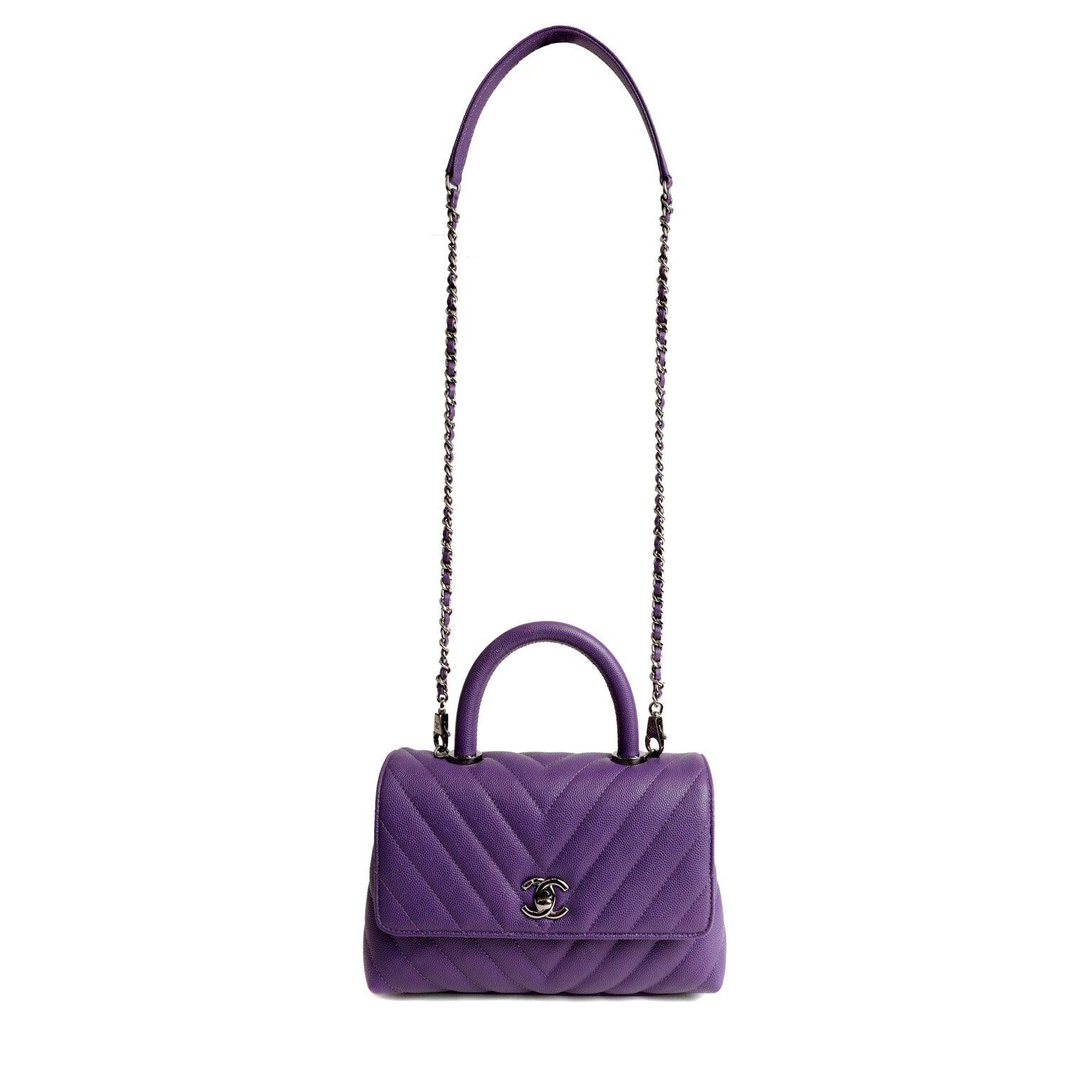 Chanel Chevron Caviar Royal Purple Mini Coco Handle Flap Bag  w/ Silver Hardware