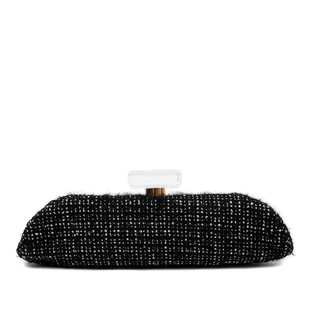 Chanel Runway 1990s Rhinestone Perfume Bottle Black Tweed/Leather Clutch