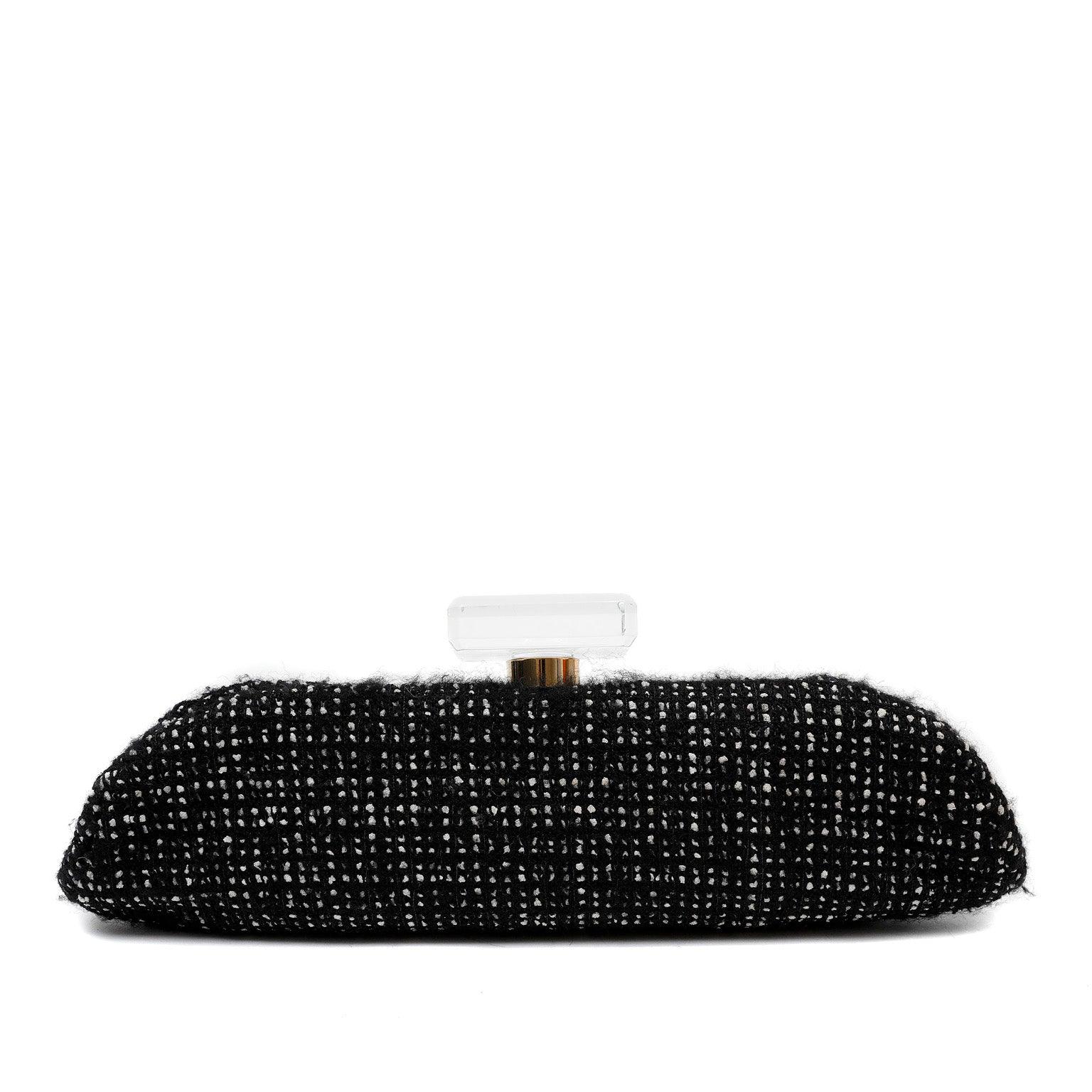 Chanel Runway 1990s Rhinestone Perfume Bottle Black Tweed/Leather Clutch