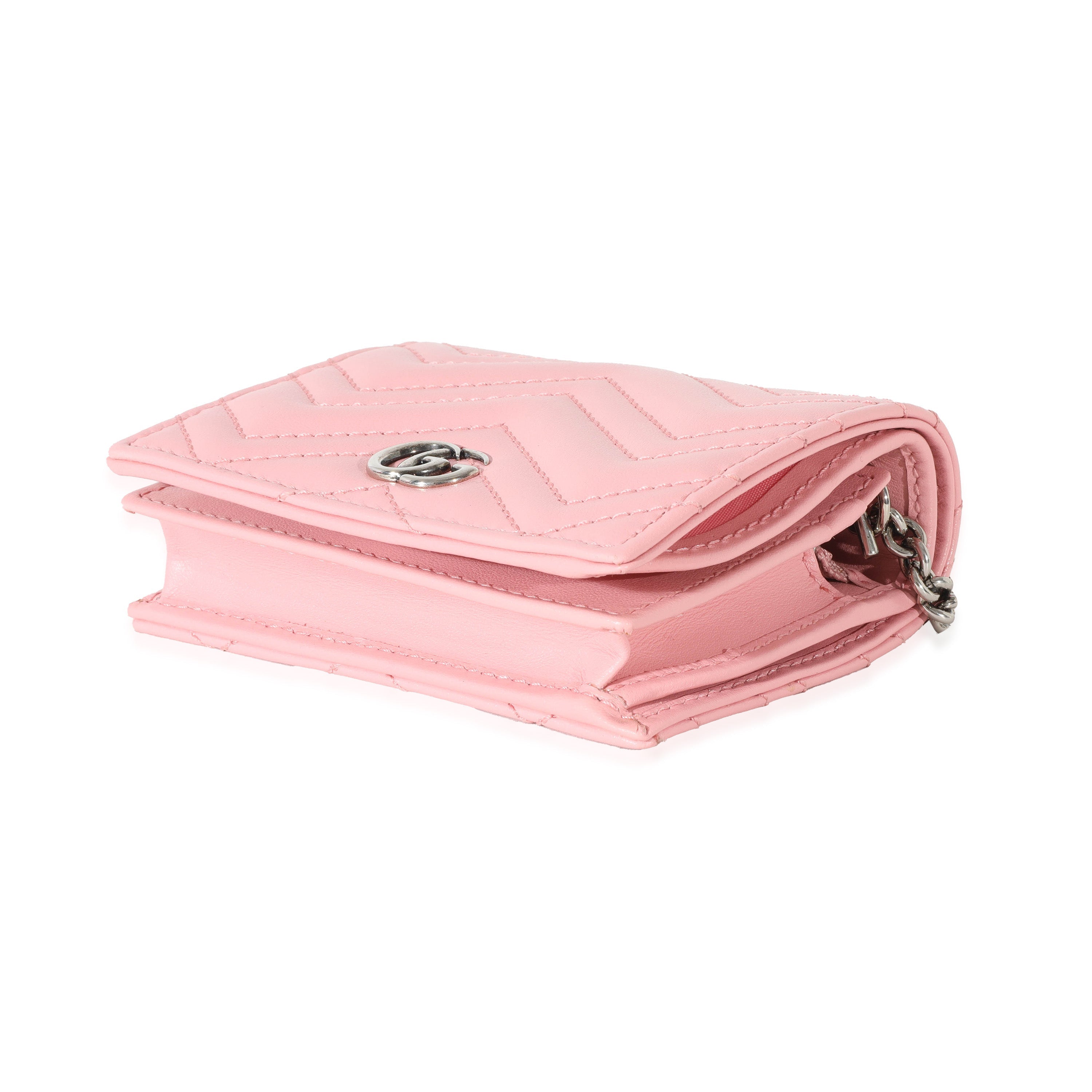 Gucci Pink Matelasse GG Marmont Card Case On Chain