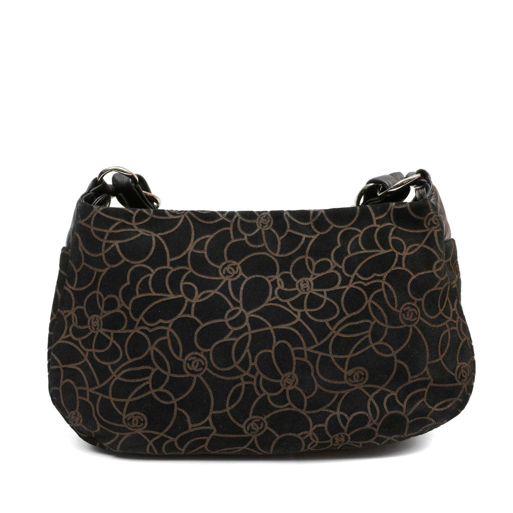 Chanel BlackxBrown Suede Shoulder Bag w/ Gold Camellias & Silver Hardware