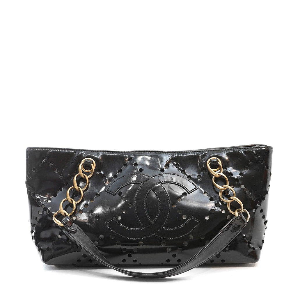 Chanel Black Patent Leather Perforated CC Tote