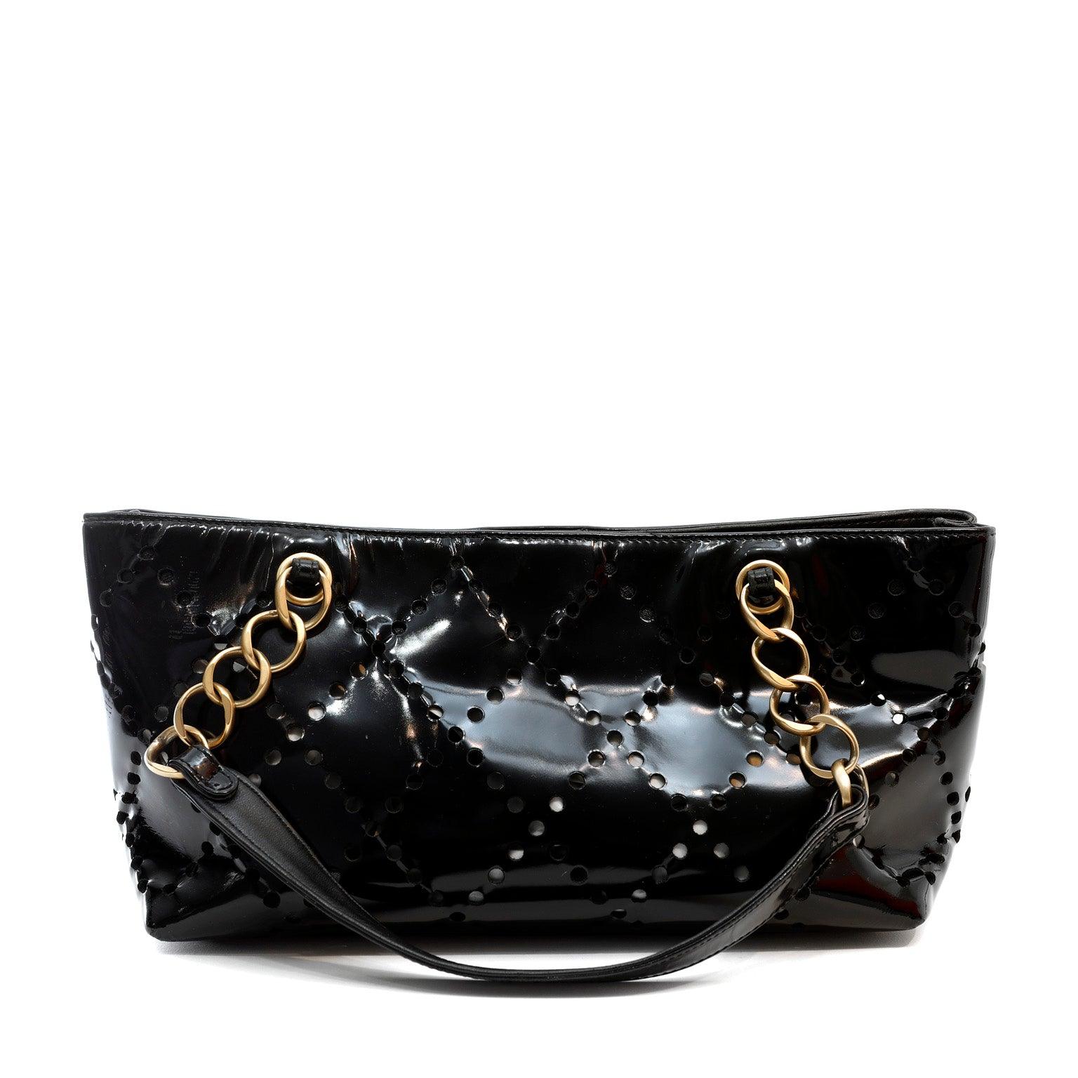 Chanel Black Patent Leather Perforated CC Tote