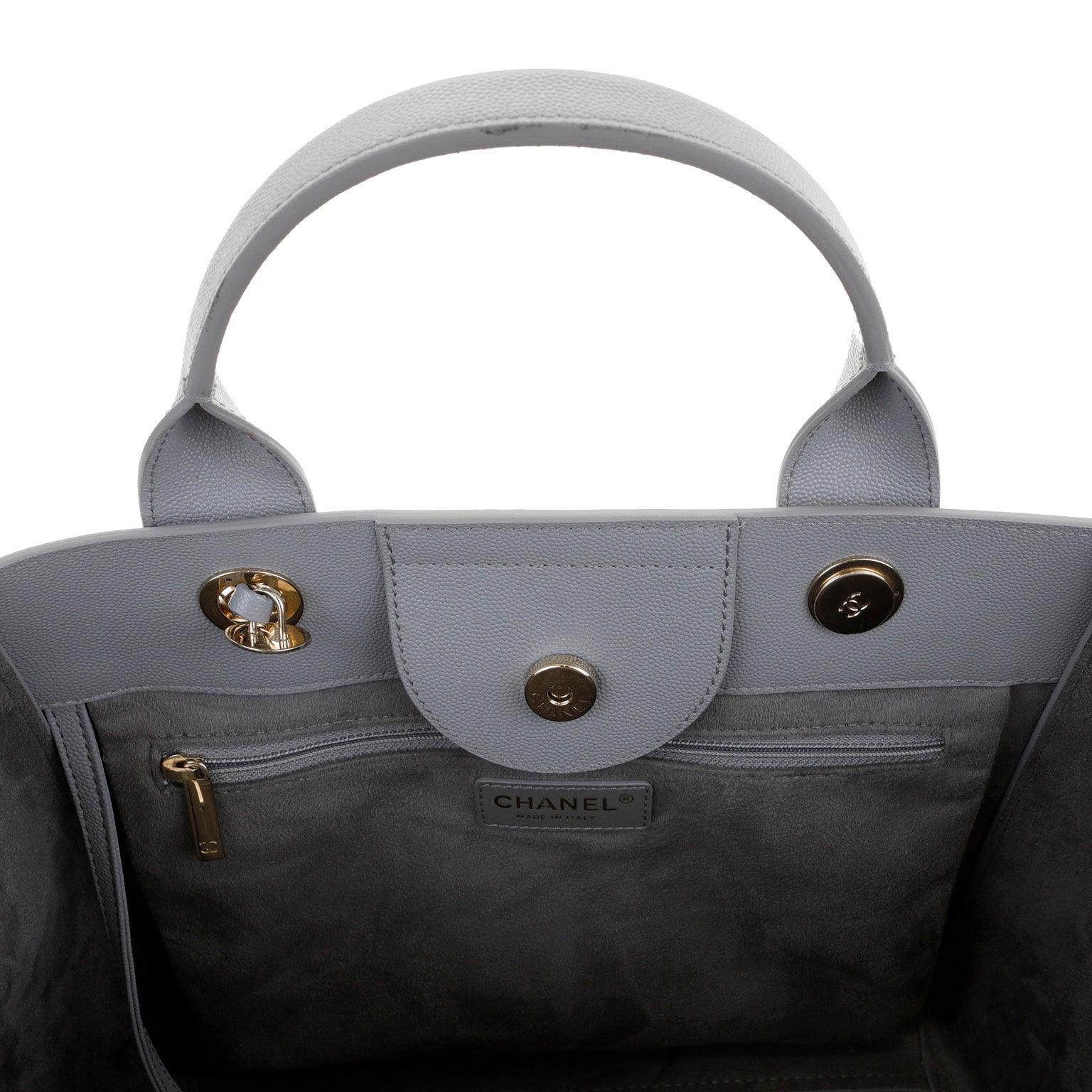 Chanel Grey Caviar Deauville Studded Tote with Silver Hardware