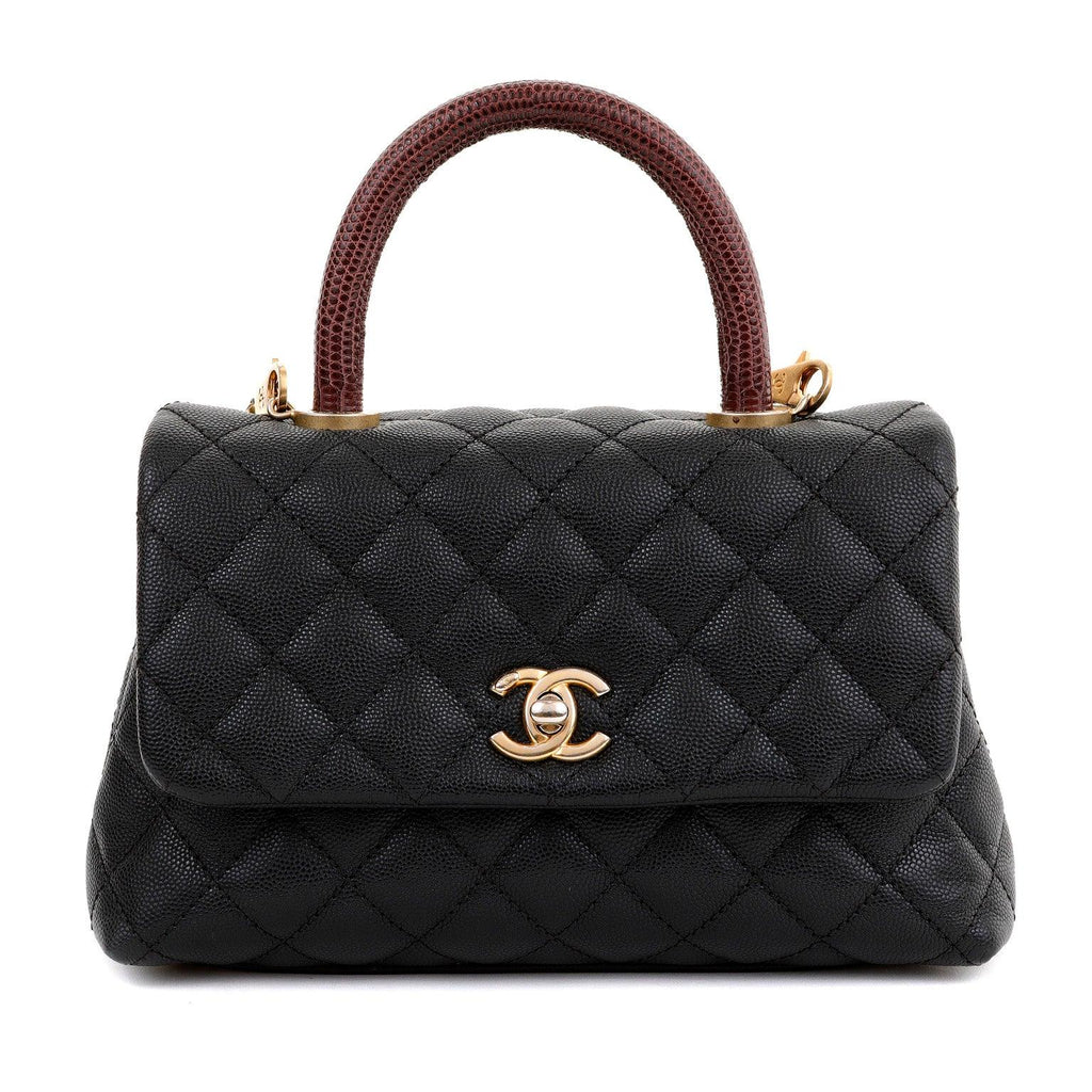 Chanel Black Caviar Lizard Coco Handle Small Flap Bag with Gold Hardware