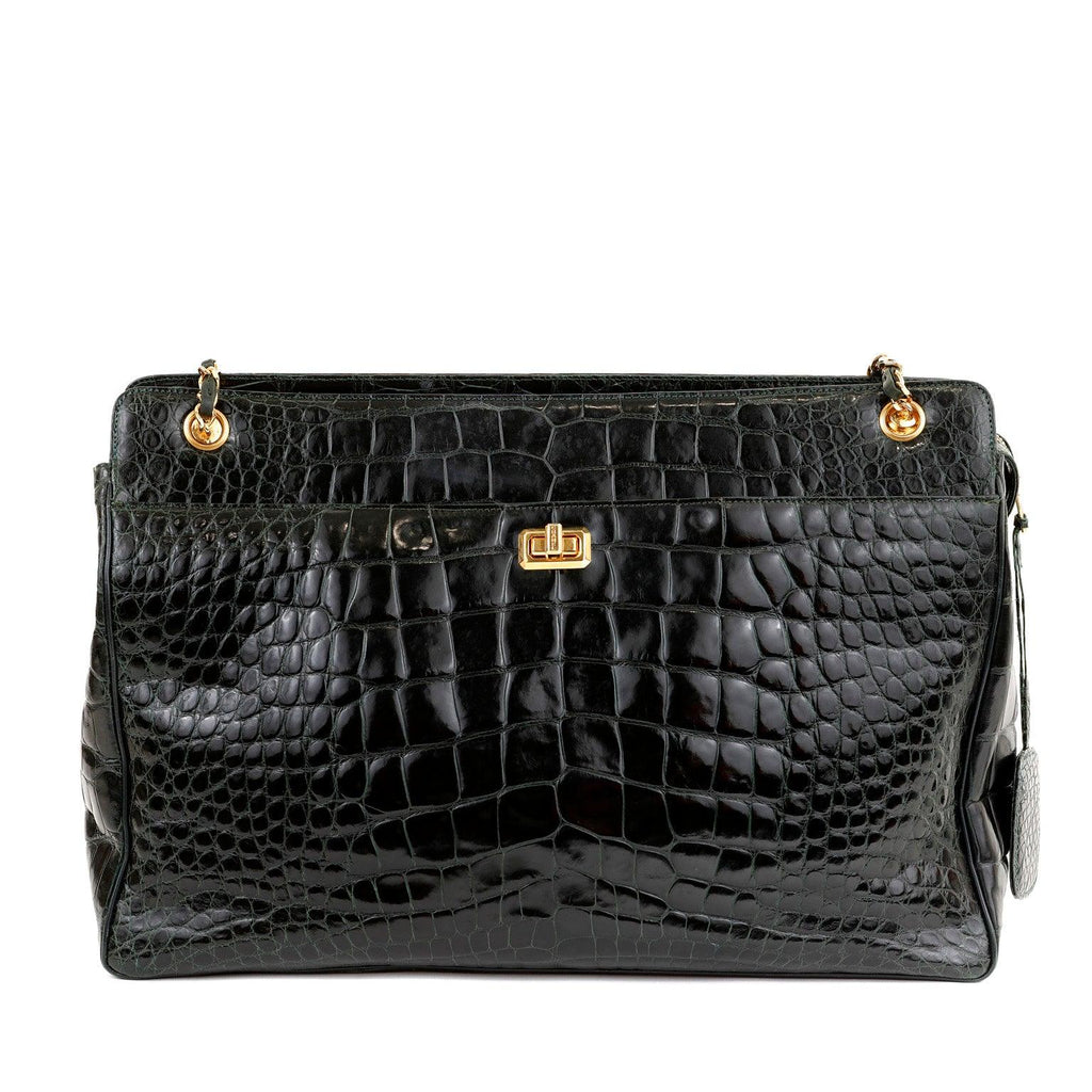 Chanel Dark Green Crocodile Tote Briefcase w/ Gold Hardware