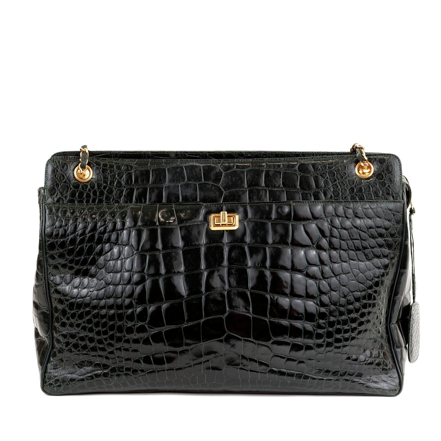 Chanel Dark Green Crocodile Tote Briefcase w/ Gold Hardware