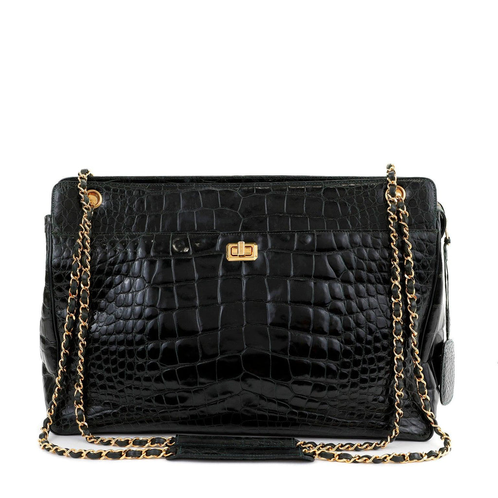 Chanel Dark Green Crocodile Tote Briefcase w/ Gold Hardware