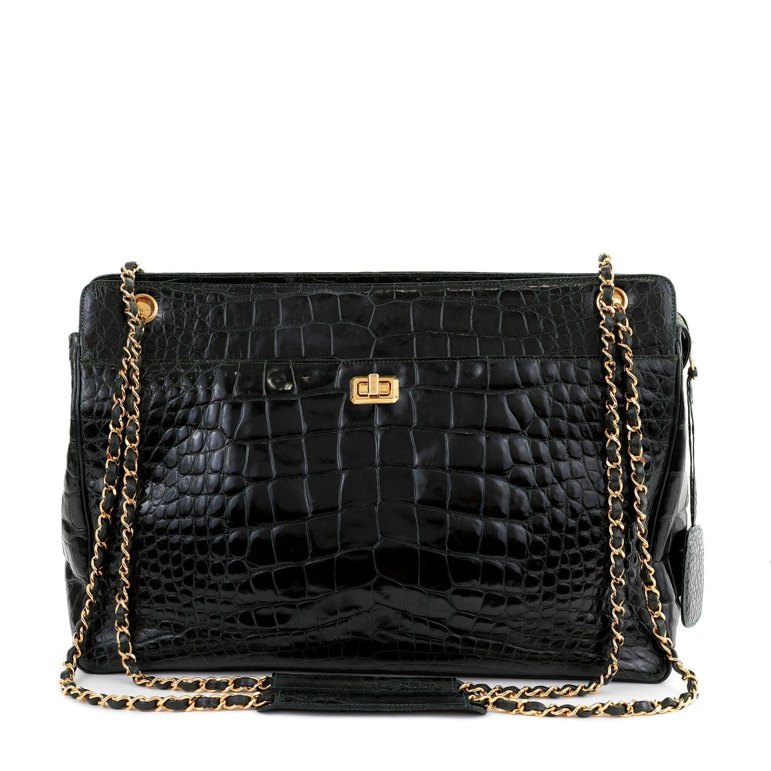 Chanel Dark Green Crocodile Tote Briefcase w/ Gold Hardware
