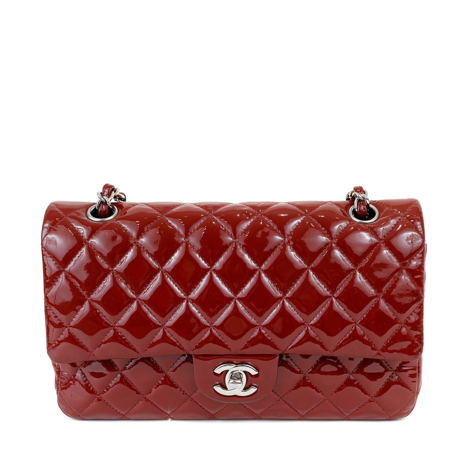 Chanel Dark Red Patent Leather Medium Classic with Silver Hardware
