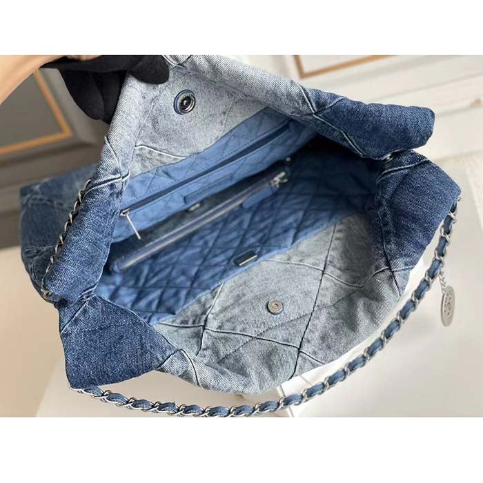 Chanel Women CC 22 Handbag Washed Denim Silver-Tone Metal Light Blue