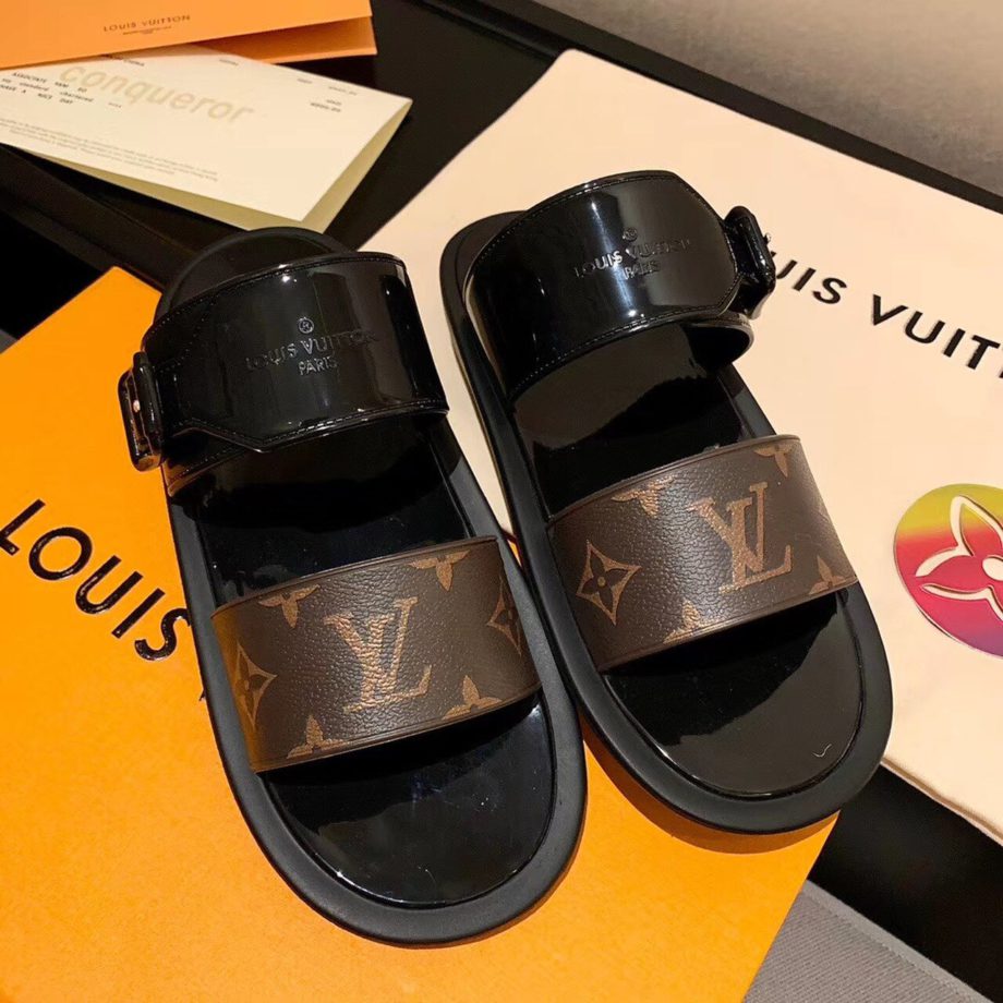louis vuitton Sunbath Flat Mule Shiny Rubber Black For Women LV