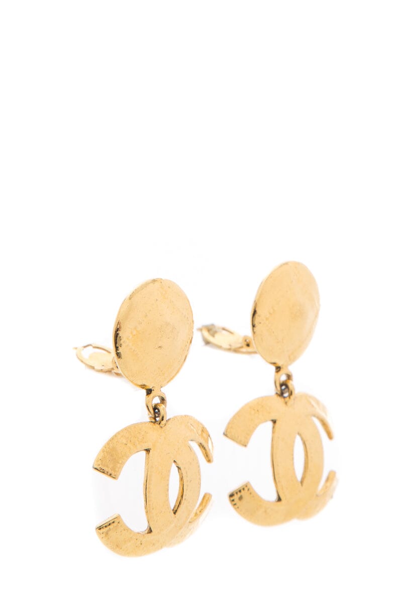Chanel Gold Texture Stitching Logo Dangle Earrings