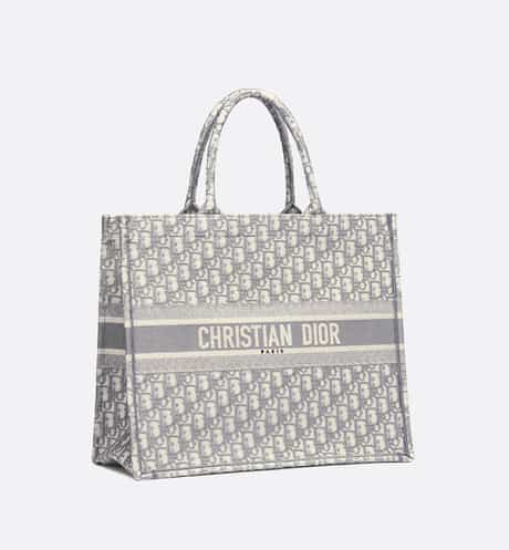 Large Dior BOOK TOTE Gray Oblique Embroidery