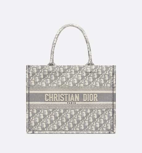 Large Dior BOOK TOTE Gray Oblique Embroidery