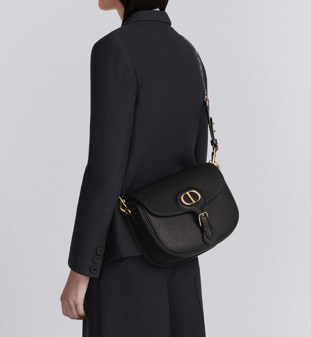 Large Dior Bobby Bag Black Grained Calfskin with Blue  Oblique Embroidered