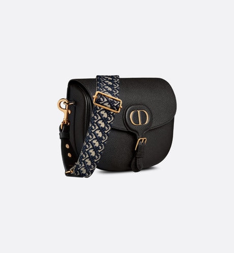 Large Dior Bobby Bag Black Grained Calfskin with Blue  Oblique Embroidered