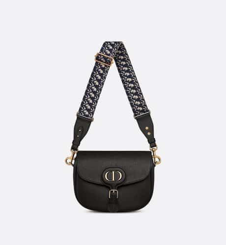 Large Dior Bobby Bag Black Grained Calfskin with Blue  Oblique Embroidered
