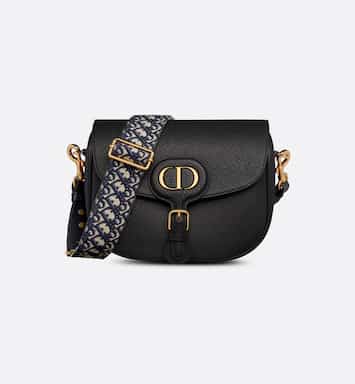 Large Dior Bobby Bag Black Grained Calfskin with Blue  Oblique Embroidered