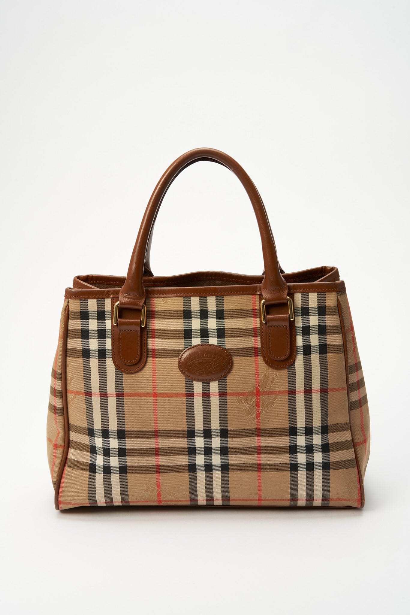 Vintage Burberry Tote Bag With Tan Leather Trim