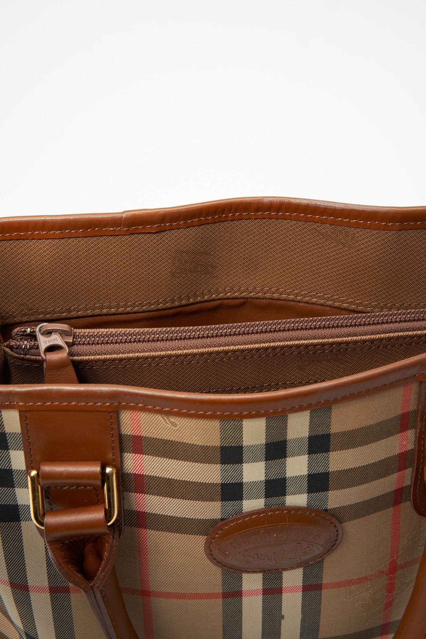 Vintage Burberry Tote Bag With Tan Leather Trim