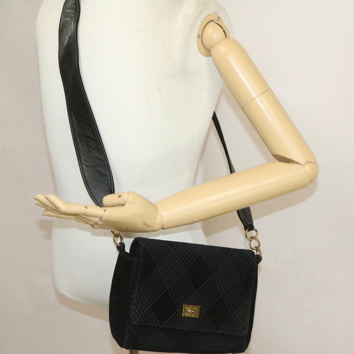 CHANEL Turn Lock Shoulder Bag Suede Black CC  18959
