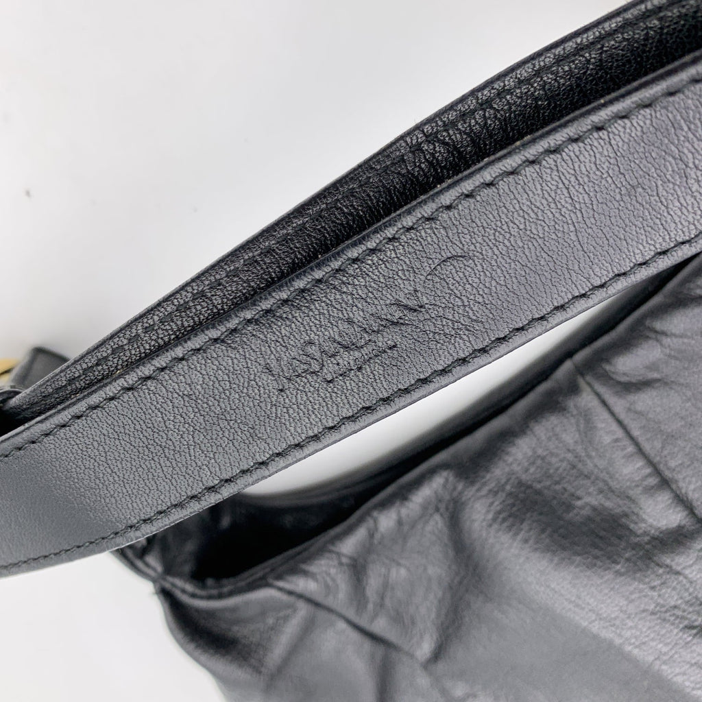 YVES SAINT LAURENT Black Ruffled Leather Hobo Tote Shoulder Bag