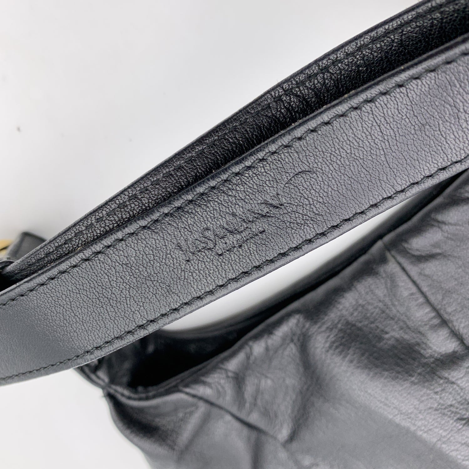 YVES SAINT LAURENT Black Ruffled Leather Hobo Tote Shoulder Bag