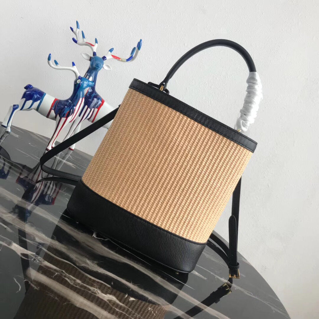 Prada Panier Medium Straw Black Bag