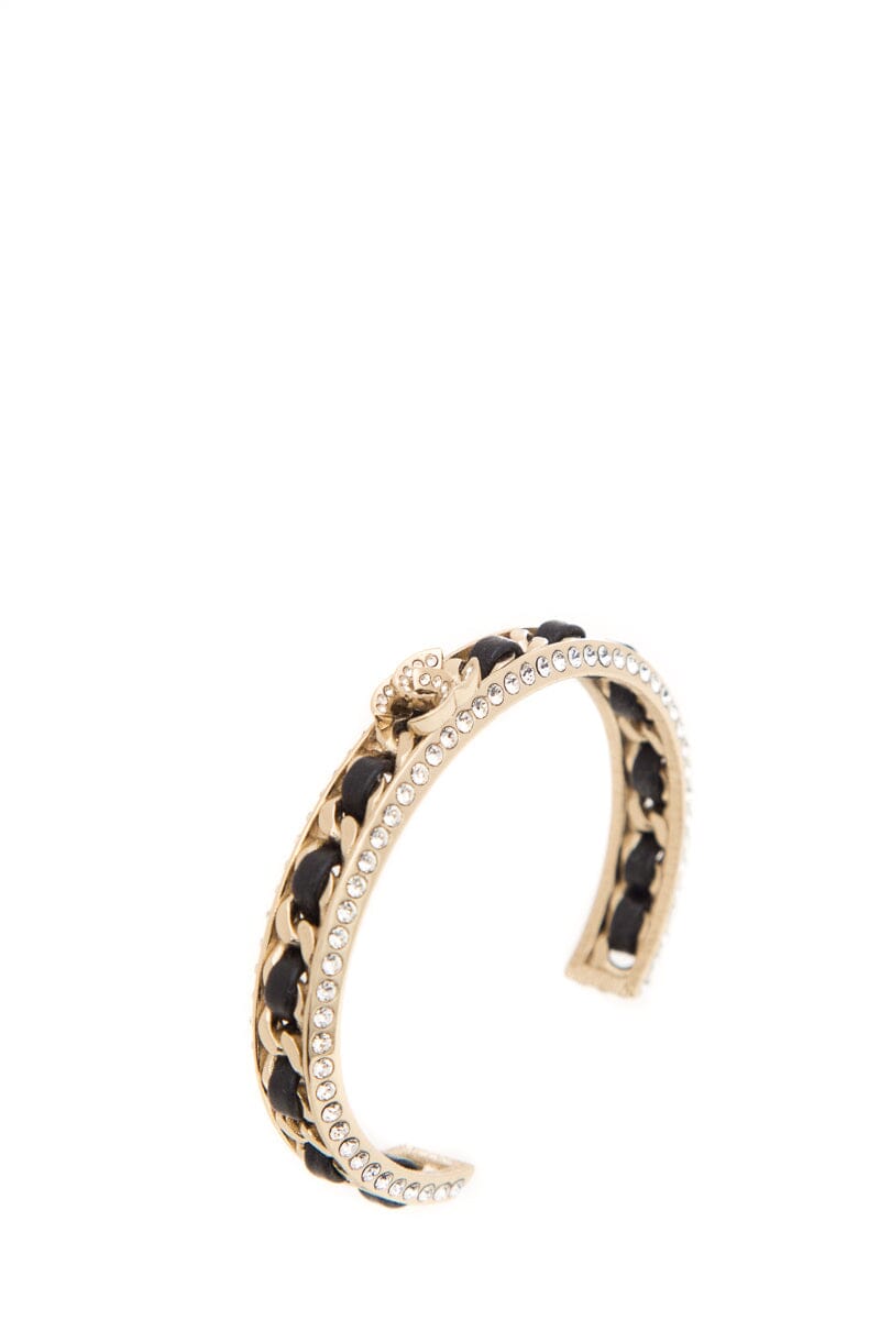 Chanel 2023 Black & Gold Leather Chain Crystal Detail Cuff  Bracelet