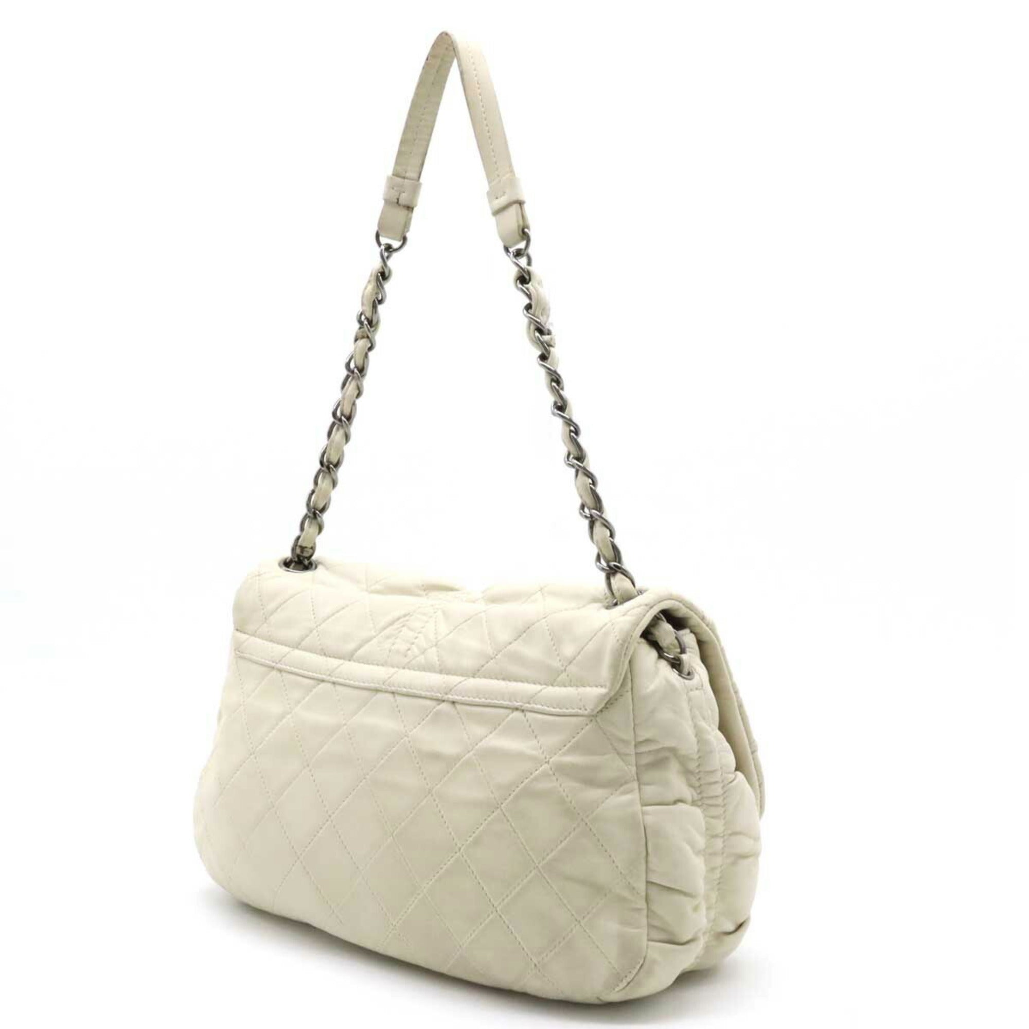 CHANEL Matelasse Coco Mark Half Moon Shoulder Bag Chain Leather Ivory