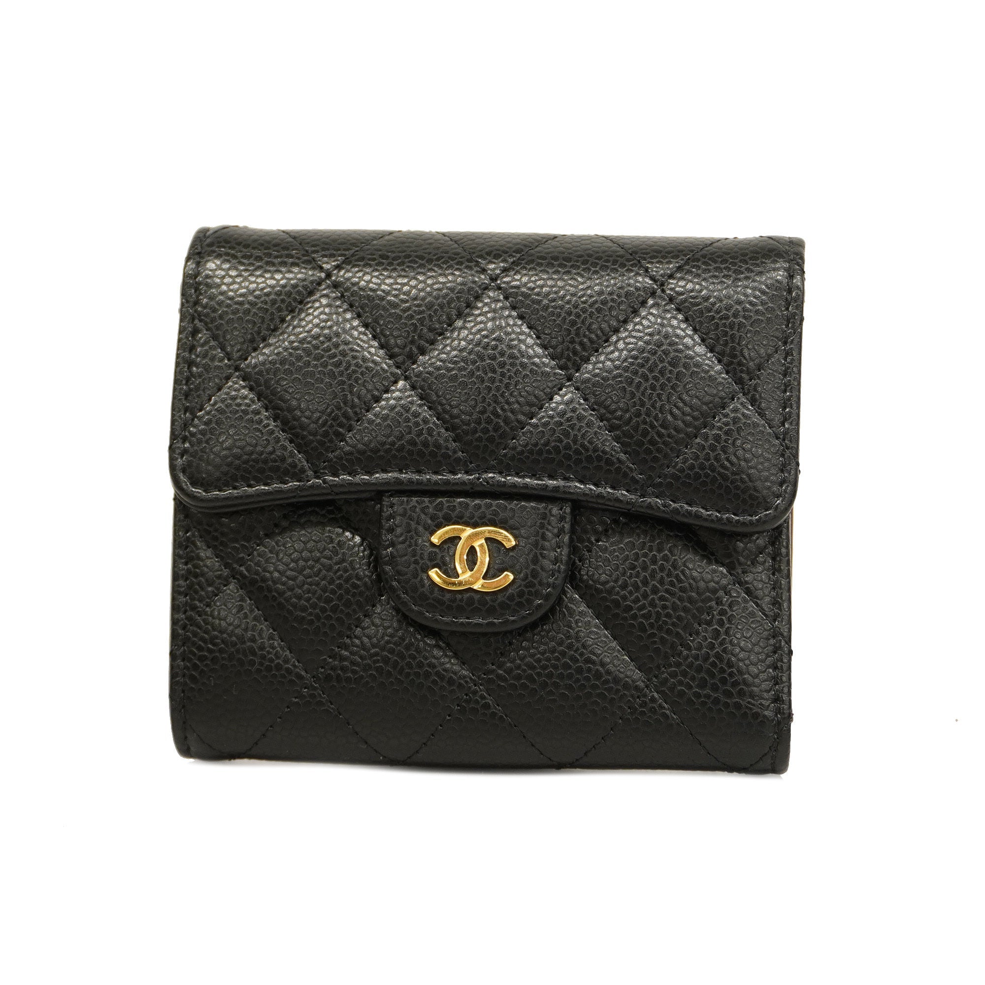 CHANEL  Matelasse Tri-fold Wallet Gold Metal Fittings Women's Caviar Leather