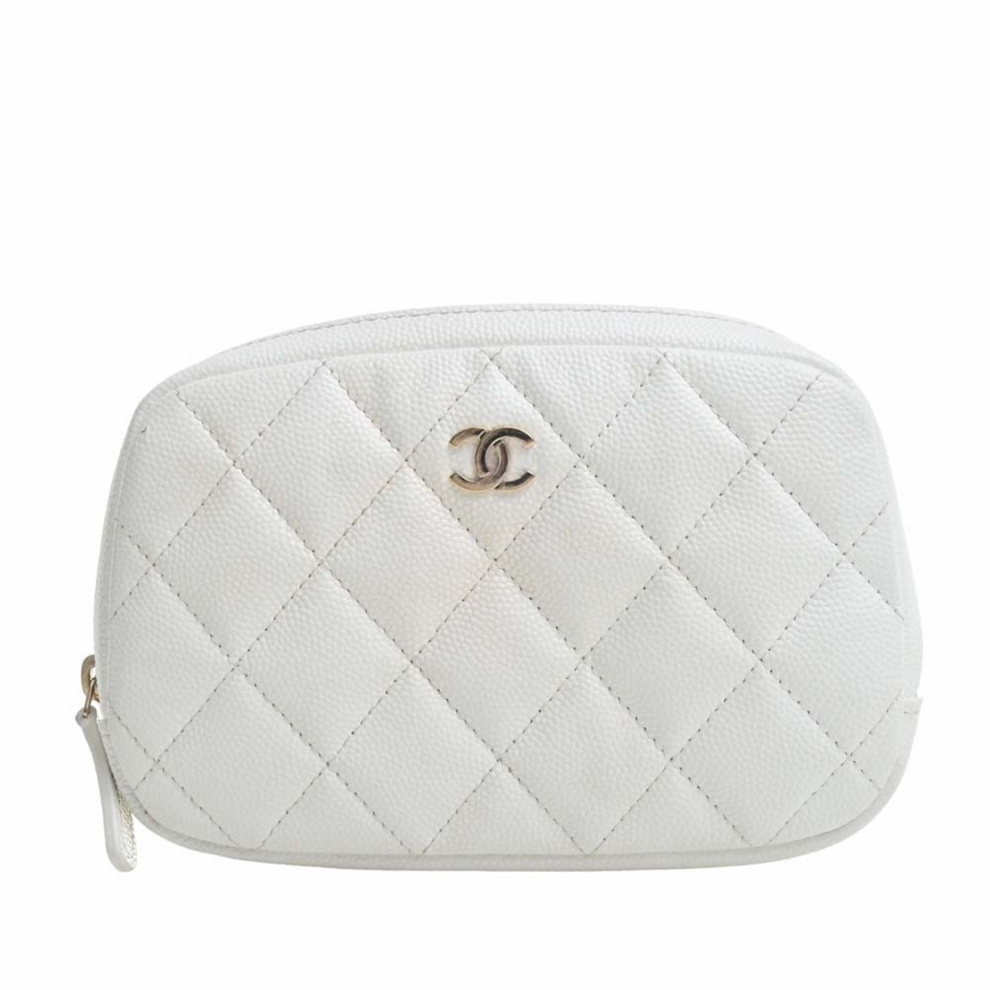 CHANEL Caviar Skin Matelasse Coco Mark Pouch White Ladies