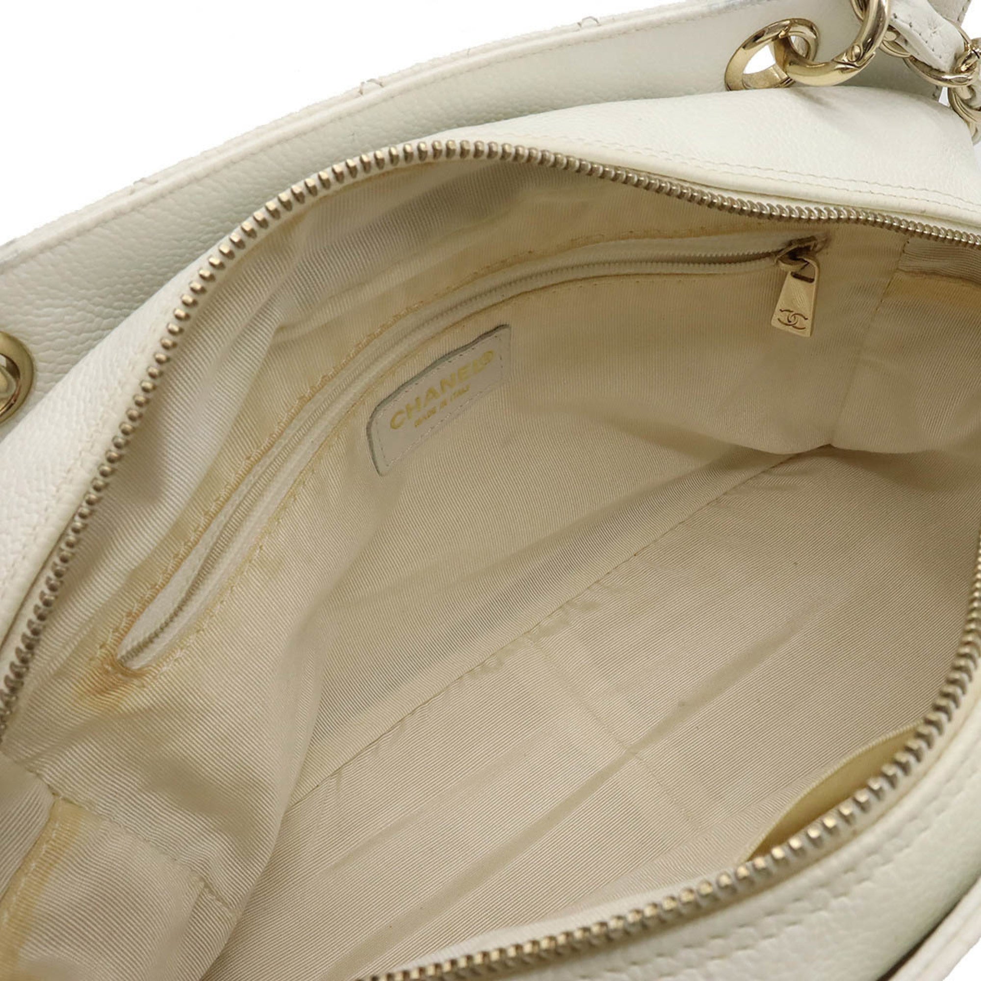 CHANEL matelasse chain tote bag shoulder caviar skin leather white