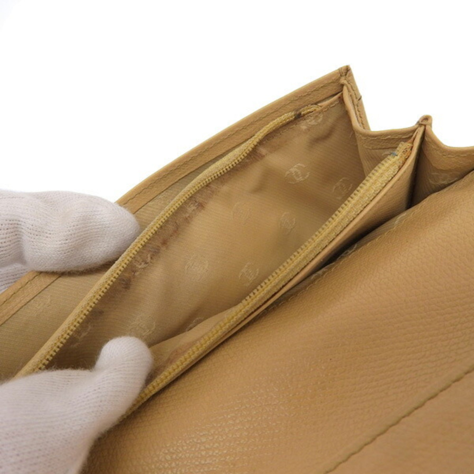 CHANEL Leather Coco Button Bifold Long Wallet Beige Ladies