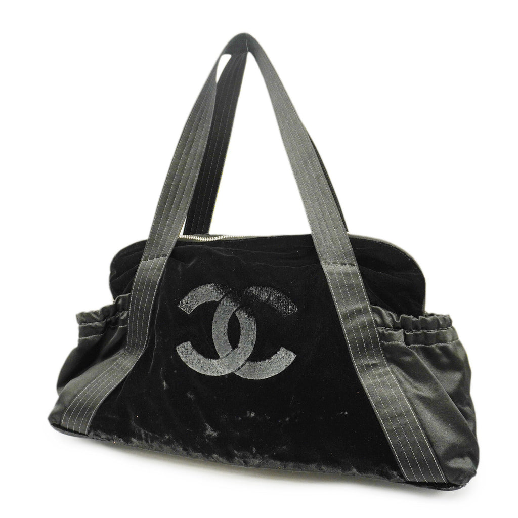 CHANELAuth  Boston Bag Men,Women,Unisex Satin,Leather Boston Bag Black